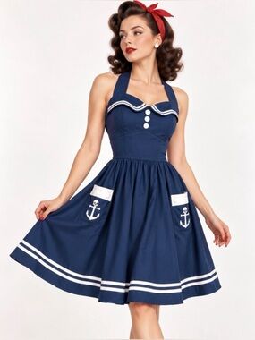HELL BUNNY VIXEN ⛵ SAILOR NAVY BLUE HALTER DRESS ⛵ SIZE LARGE 🌟EUC🌟